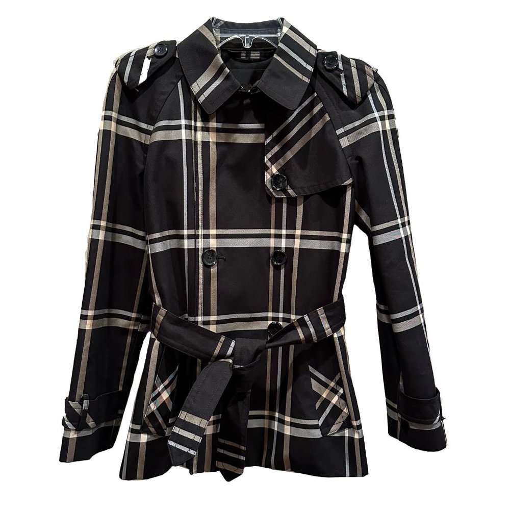 Coach Tattersall Short Black Plaid Double-Breasted Trench Coat Small